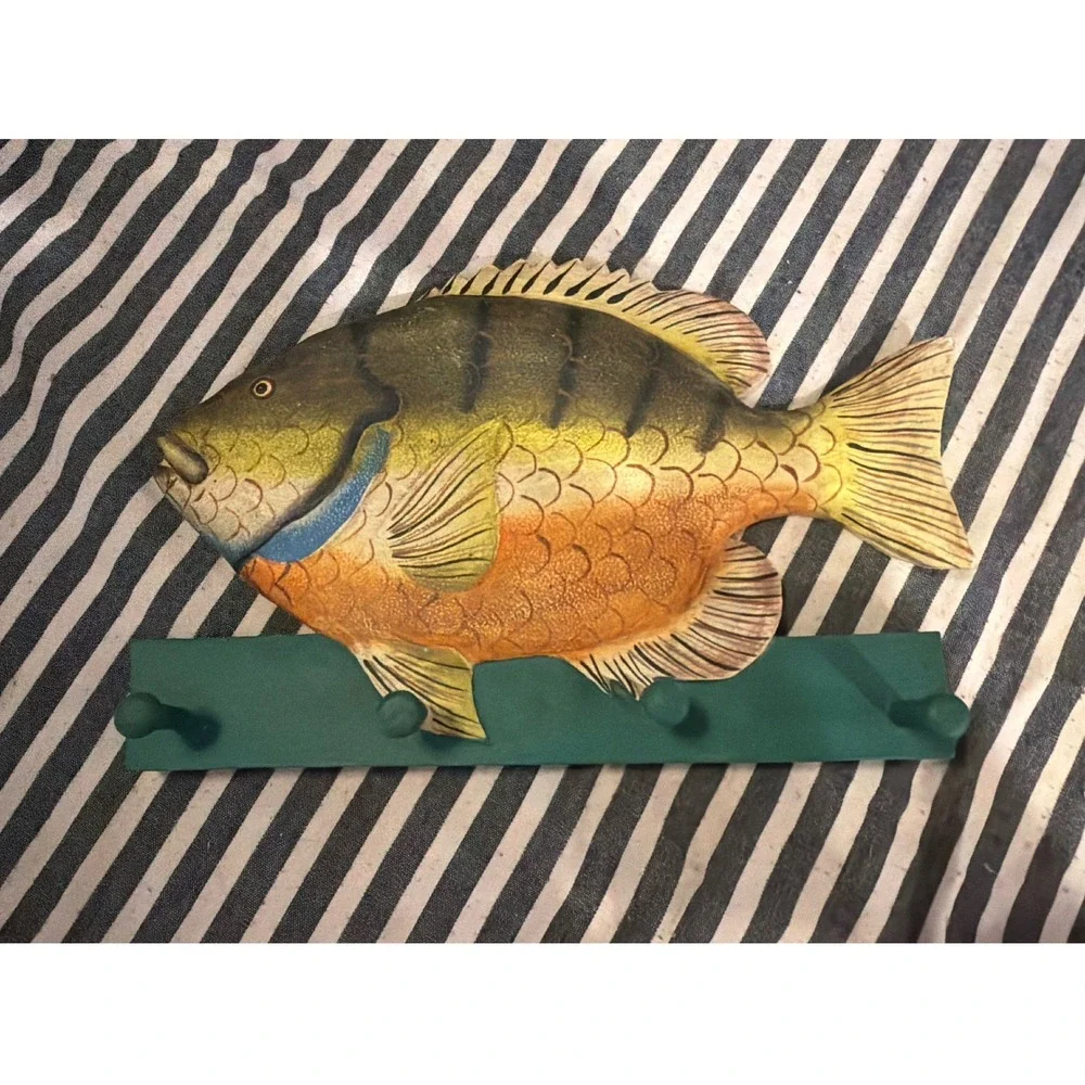 Vintage Style Hand Painted Wood Sunfish Bluegill Wall Hook Rack 4 Pegs 12.5in